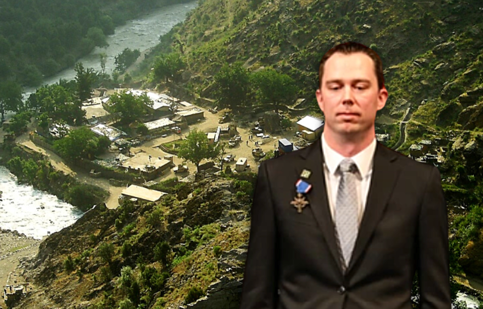 Aerial view of Combat Outpost (COP) Keating + Andrew Bundermann wearing a suit