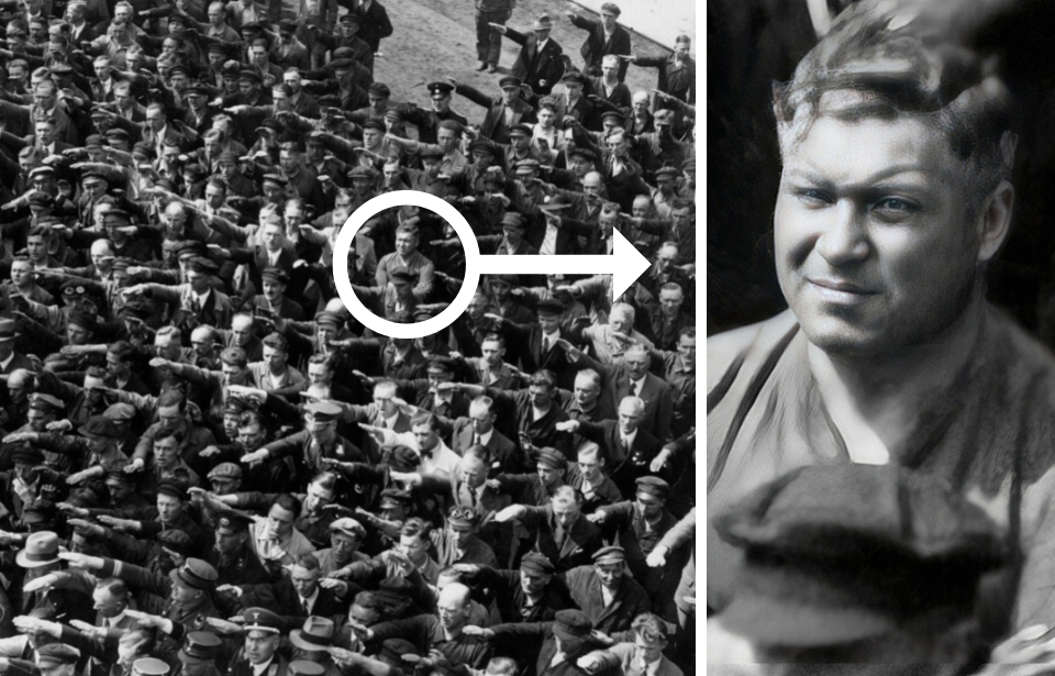 Blohm+Voss employees performing the German salute, while August Landmesser stands with his arms crossed over his chest + August Landmesser standing with his arms crossed