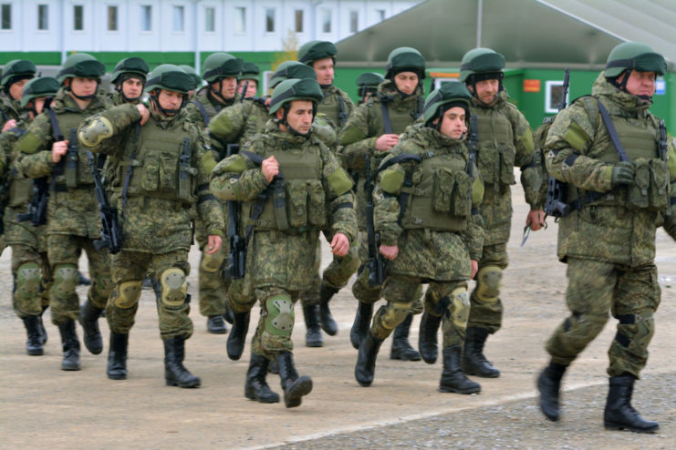 Russian conscripts walking together in uniform