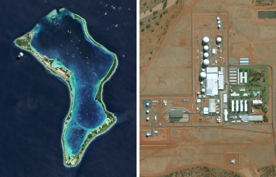 Aerial view of Naval Support Facility Diego Garcia + Aerial view of Pine Gap