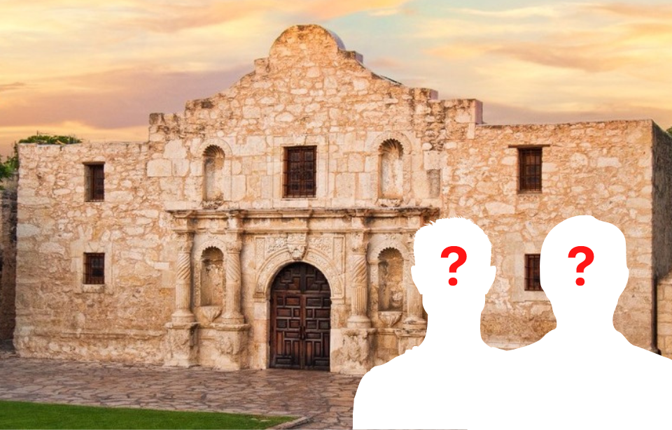 Exterior of the chapel at the Alamo + Two male silhouettes with question marks over their faces