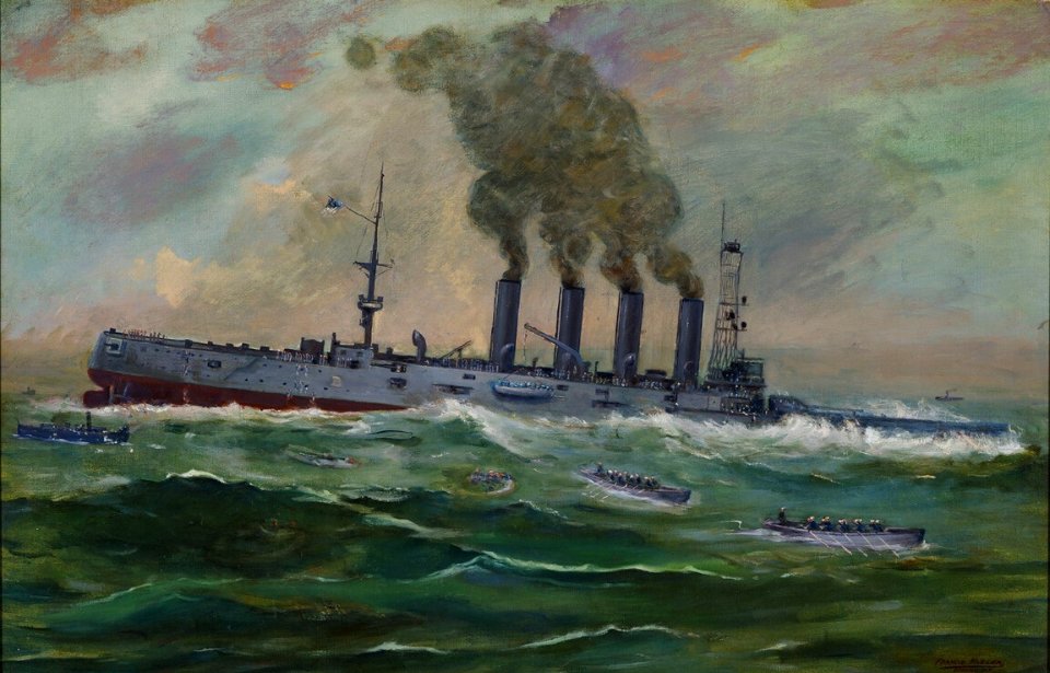 Painting of the USS San Diego (ACR-6) sinking at sea