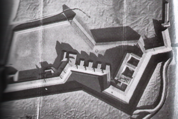 An aerial view of a model of Fort Wagner.