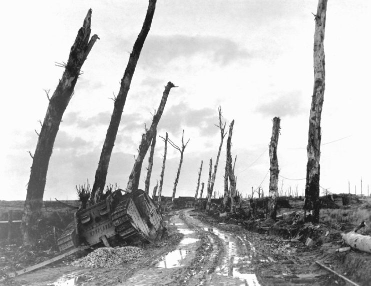 Destroyed tank along a muddy road