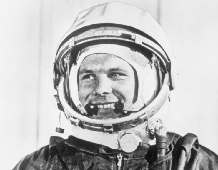 Yuri Gagarin dressed in a spacesuit