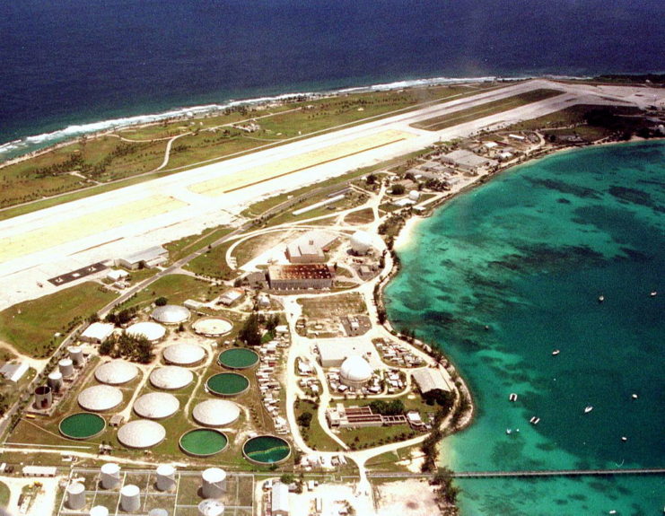 Aerial view of the secret American military base in the Kwajalein atoll