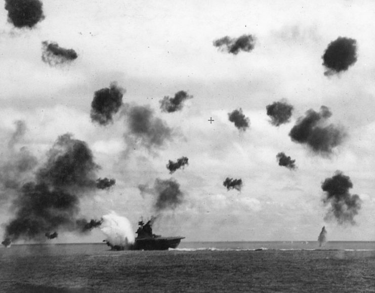 Smoke coming from the USS Yorktown (CV-5)