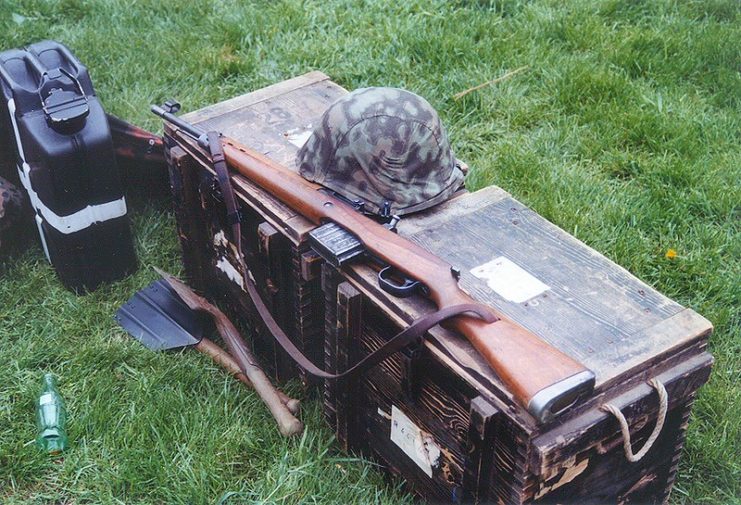 Gewehr 43 and helmet placed atop a trunk