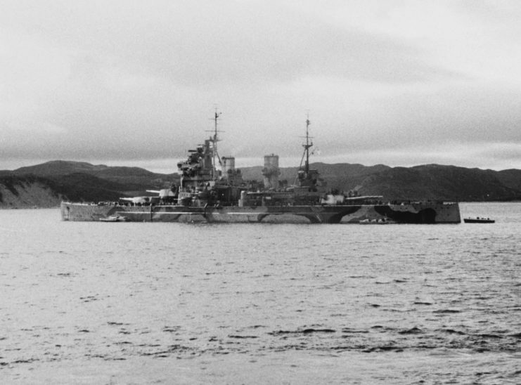 HMS Prince of Wales (53) anchored off the coast of Argentia, Newfoundland
