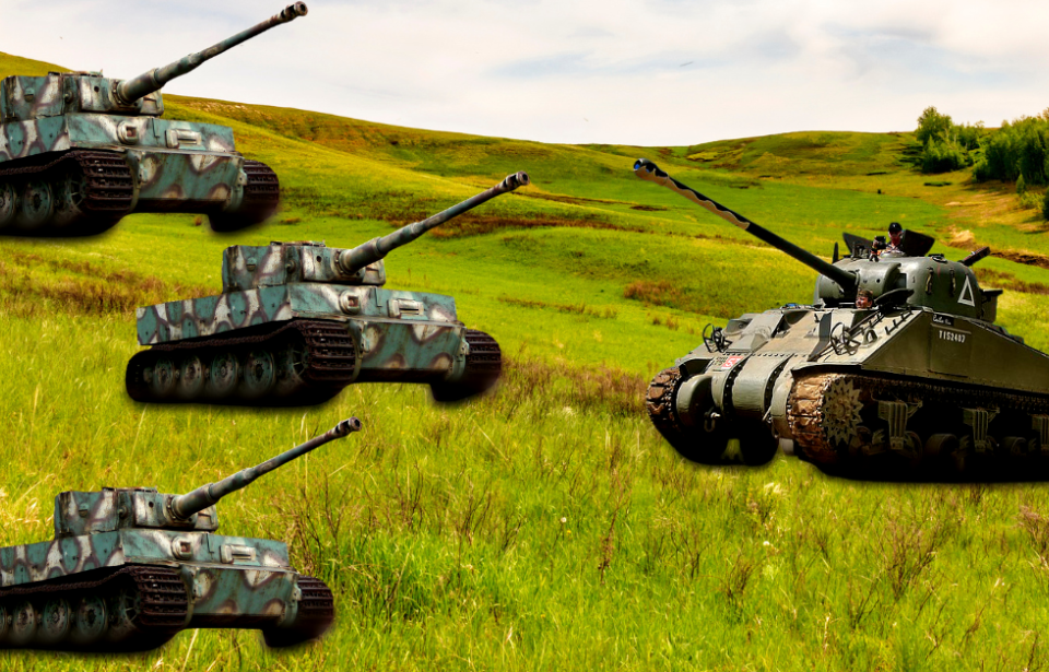 Grassy field + Three Tiger I tanks + Three men manning a Sherman Firefly