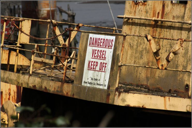 Sign attached to Light Vessel 72, which reads, "DANGEROUS VESSEL KEEP OFF"