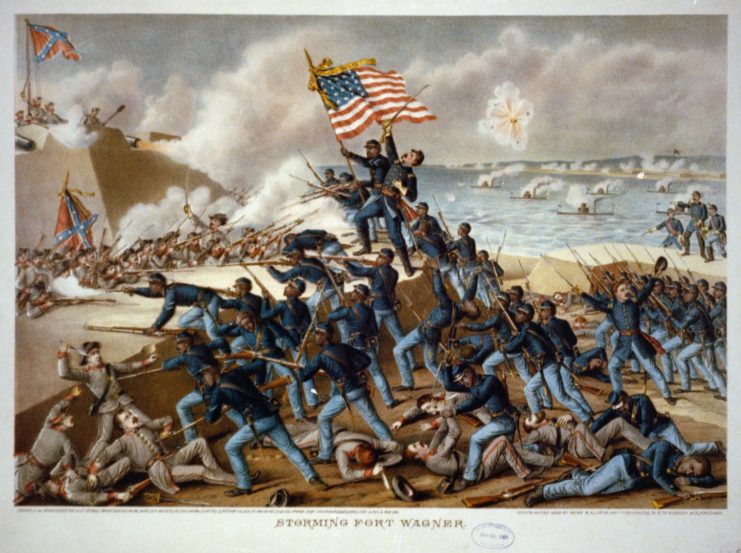 An illustration of the attack on Fort Wagner by the soldiers of the 54th Infantry Regiment. A flag bearer holds the American flag and an officer holds a sword in the sky.