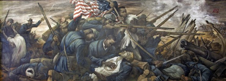 A painting illustration of the second battle of Fort Wagner. African American soldiers holding bayonets and wounded soldiers.