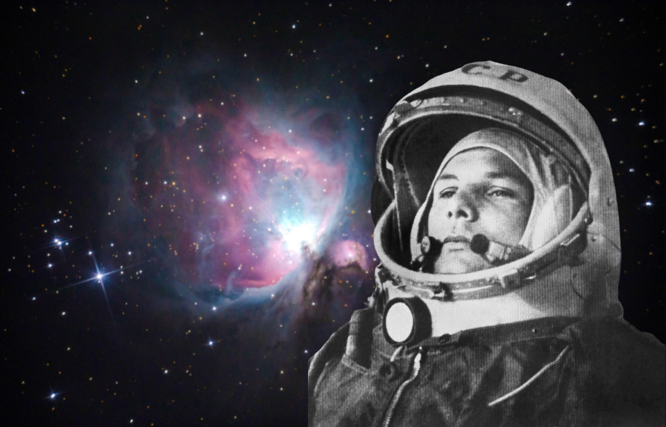 Space scene + Yuri Gagarin wearing a spacesuit