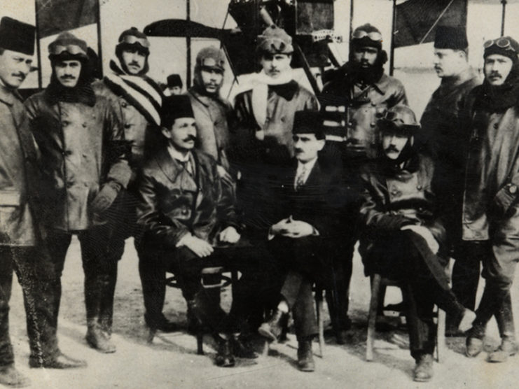 Ahmet Ali Çelikten standing with other Ottoman pilots