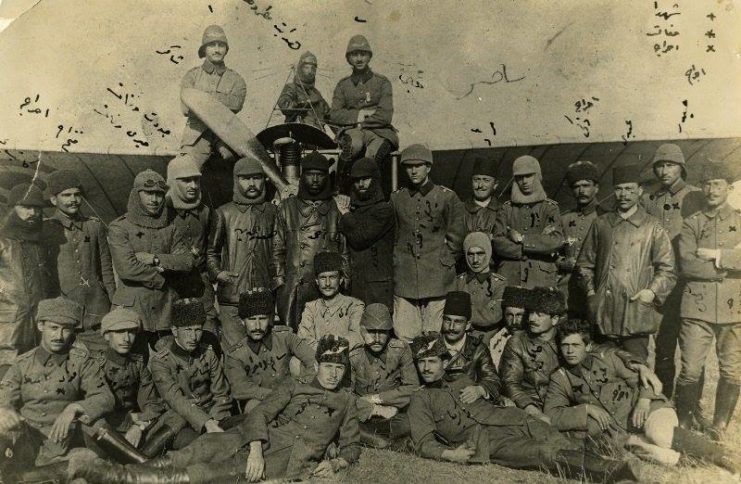 Ahmet Ali Çelikten standing among other Ottoman aviators