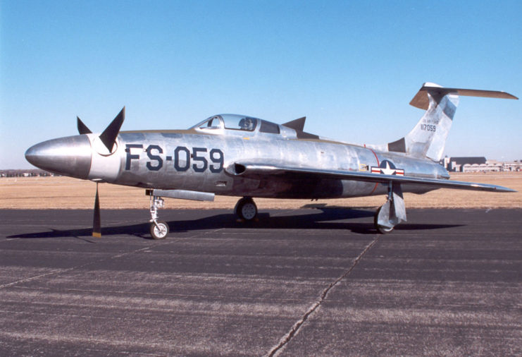 Republic XF-84H Thunderscreech parked on a runway