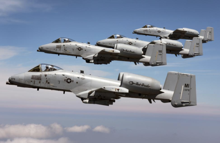 Four Fairchild Republic A-10 Thunderbolt IIs in flight