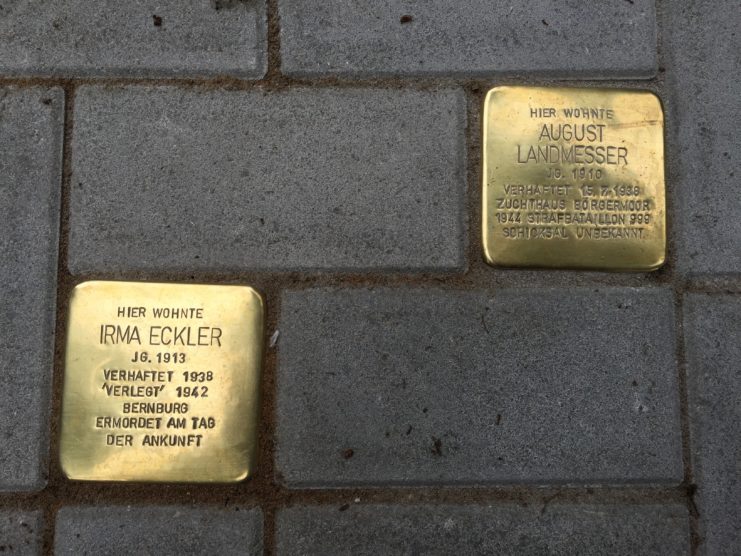 Stumbling stones featuring the names of Irma Eckler and August Landmesser