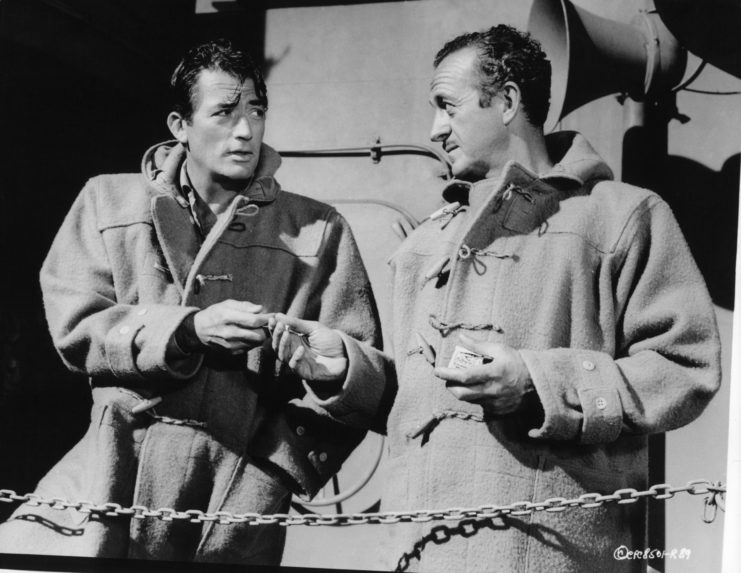 Gregory Peck and David Niven as Capt. Keith Mallory and Cpl. James Arthur Miller in 'The Guns of Navarone'