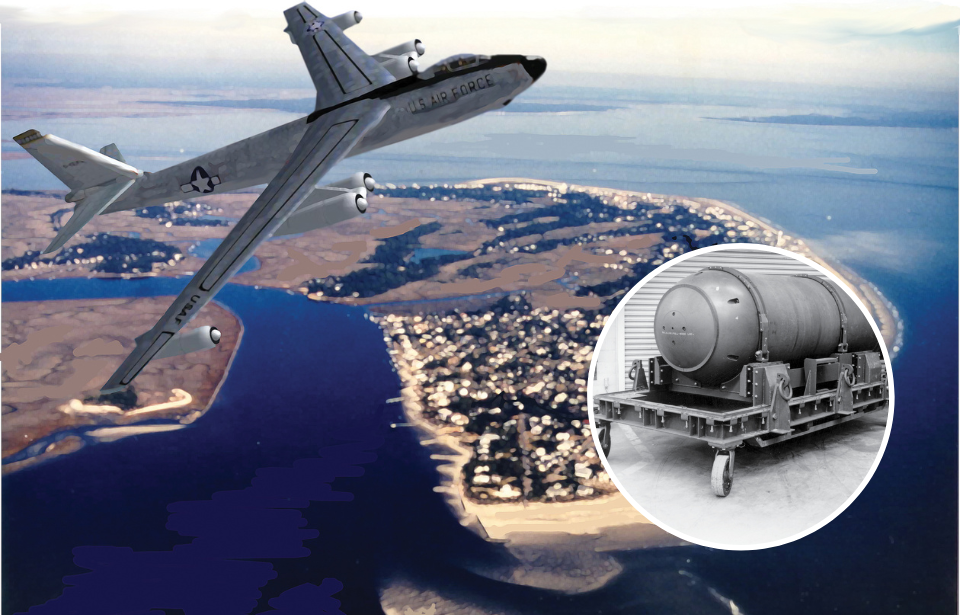 Aircraft flying over Tybee Island + Mark 15 nuclear bomb on a dolly