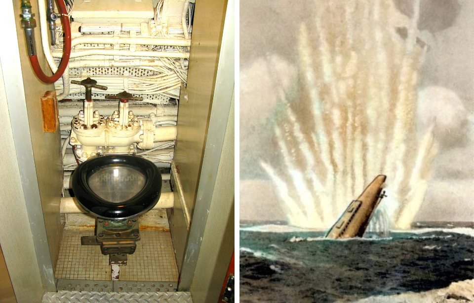 Toilet onboard the HMS Alliance (P147) + Painting of a U-boat being sunk at sea