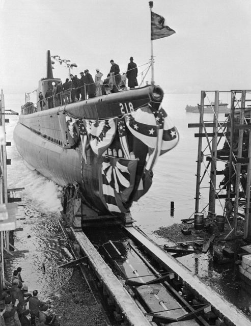 USS Albacore (SS-218) being pushed into the water