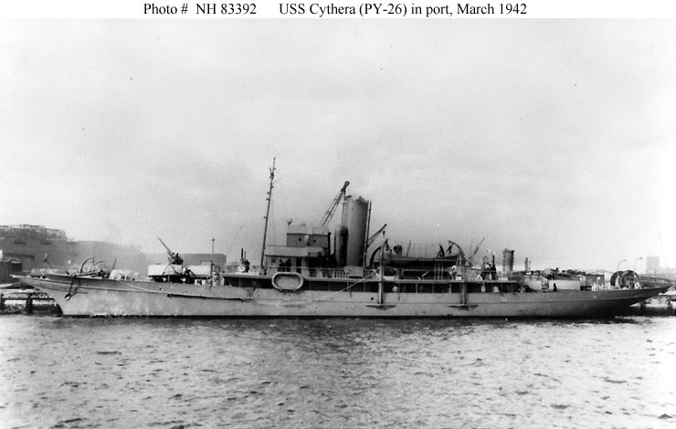 USS Cythera (PY-26) anchored at a dock