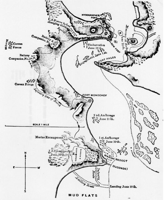 Map showing the location of forts along the shores of Ganghwa Island