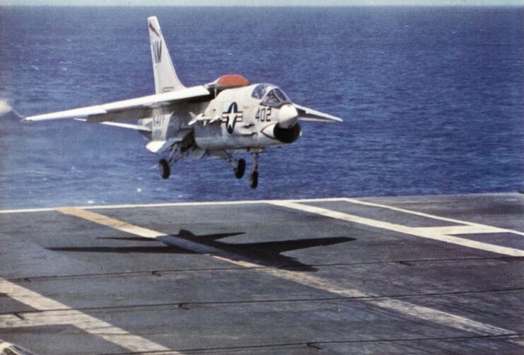 Vought F-8E Crusader landing on the flight deck of the USS Bon Homme Richard (CVA-31)