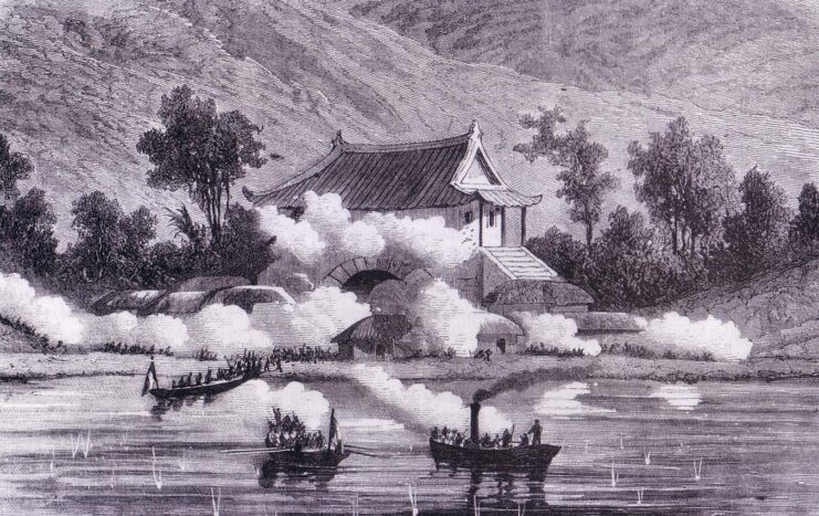Illustration of boats sailing up to the banks of a river in Korea