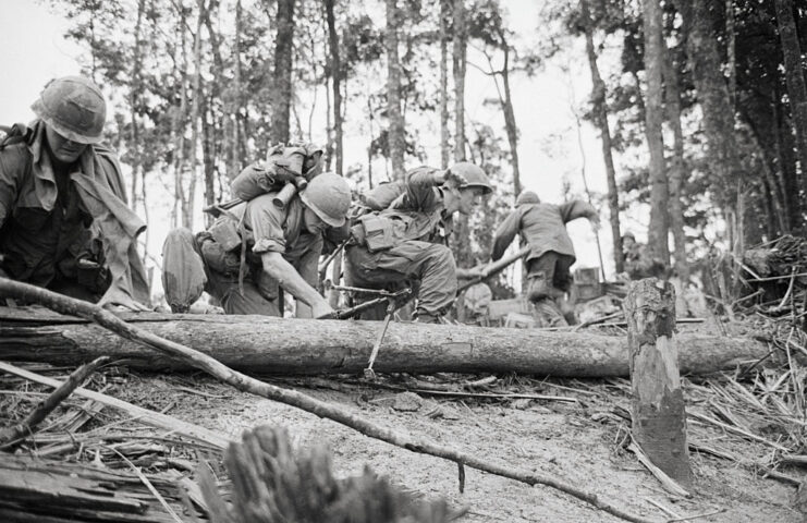 Paratroopers with the 101st Airborne Division working together to move a log on the jungle floor