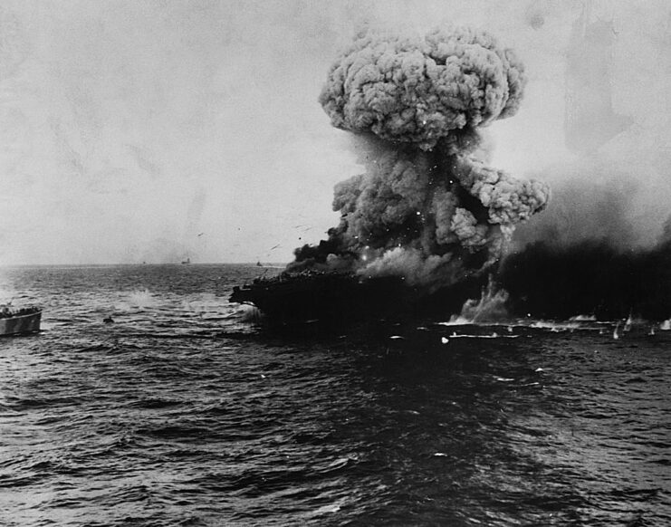 USS Lexington (CV-2) shrouded in smoke
