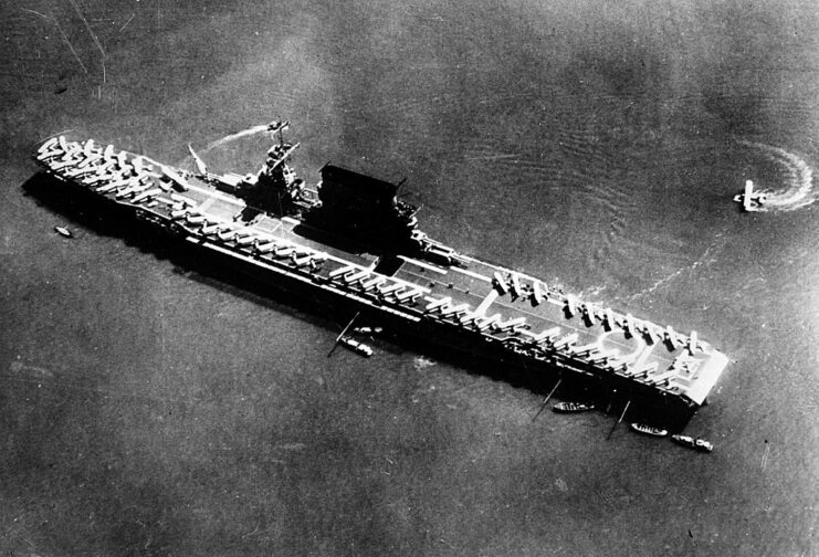 Aerial view of the USS Lexington (CV-2) at sea