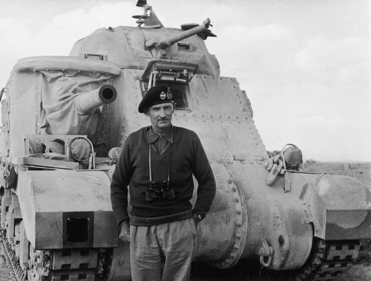 Bernard Montgomery standing in front of a tank