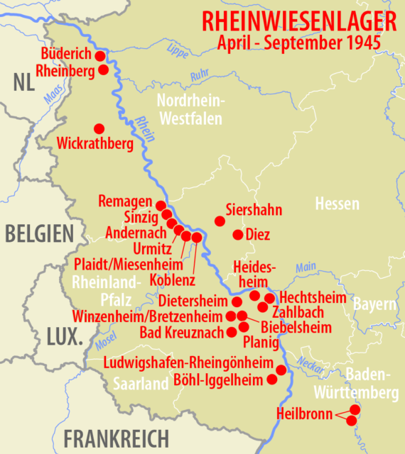 Map showing the locations of the Rheinwiesenlager camps throughout Allied-occupied Germany