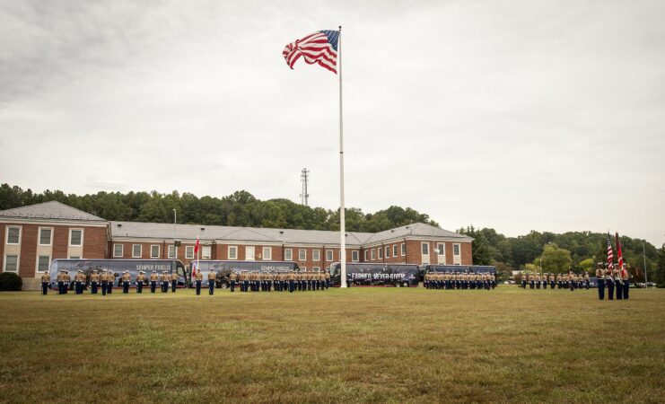 US Marines standing outside of a building at Marine Corps Base Quantico