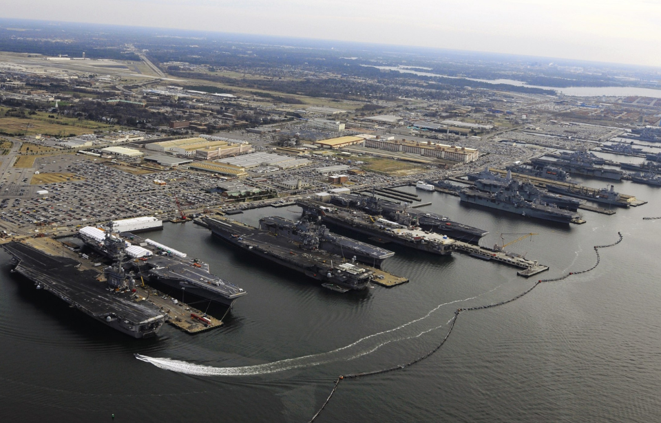 Aircraft carriers docked as Naval Station Norfolk