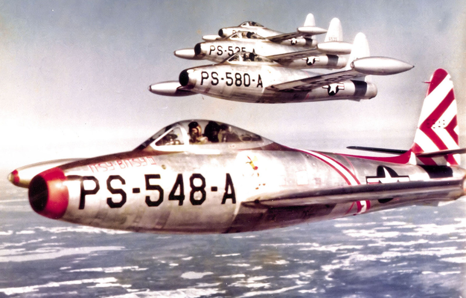 Four Republic F-84B Thunderjets in flight