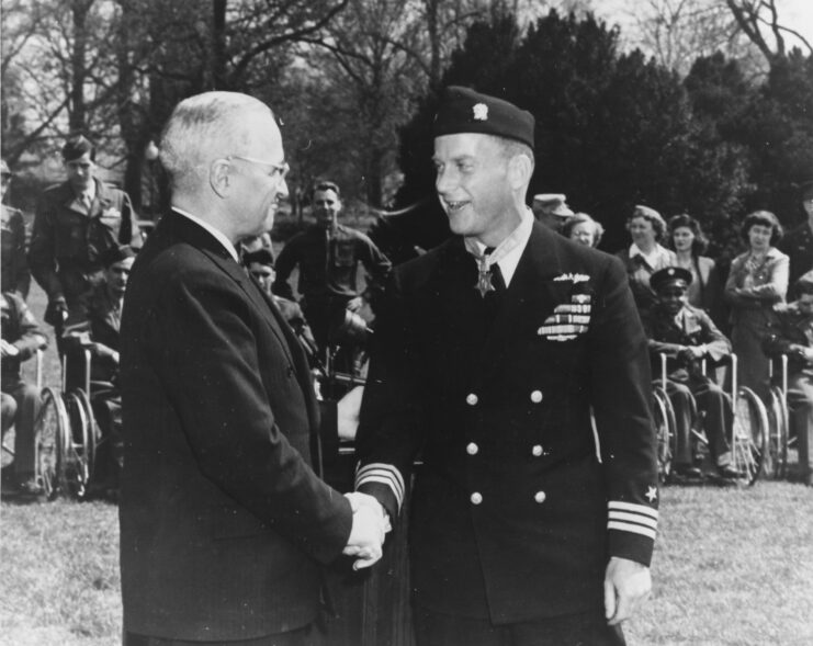 Harry S. Truman shaking hands with Richard O'Kane