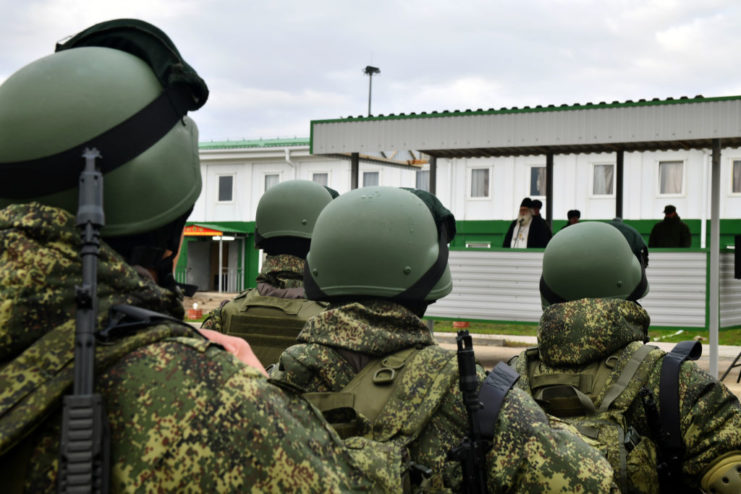 Russian reservists standing together in uniform