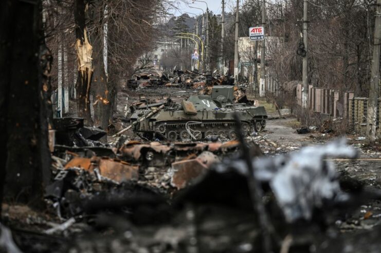 Destroyed Russian tanks along a city street