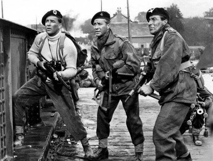 Peter Lawford, Richard Todd and Frank Finlay as Lord Lovat, John Howard and Pvt. Coke in 'The Longest Day'