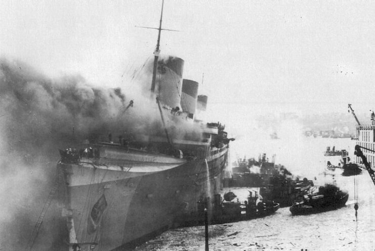 USS Lafayette (AP-53) engulfed in smoke