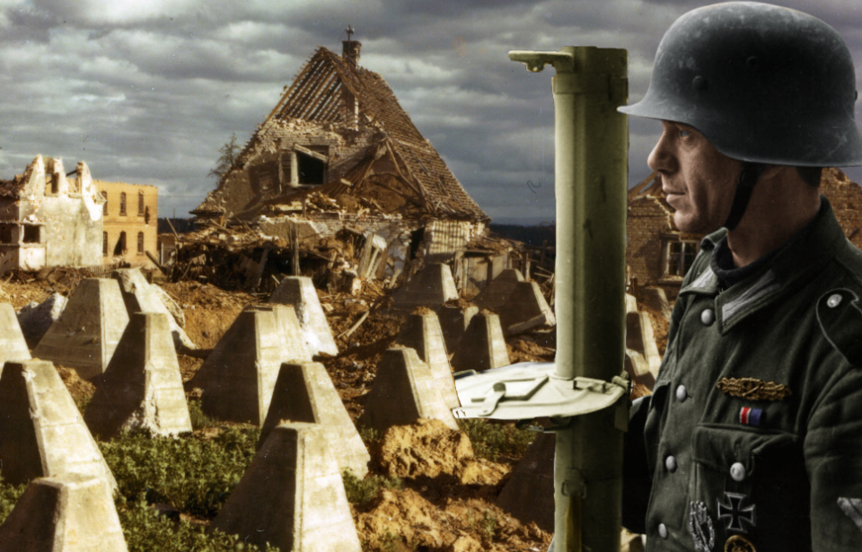 Landscape torn apart by war + German soldier armed with a panzerschreck