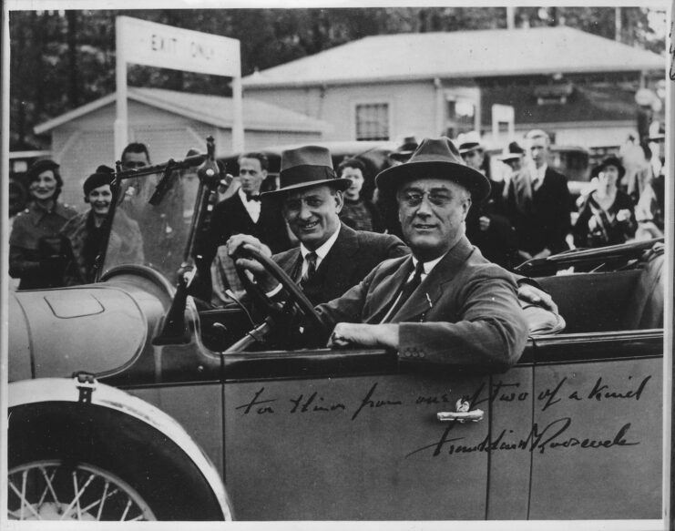 Franklin Roosevelt and Henry Morgenthau Jr. riding in a car