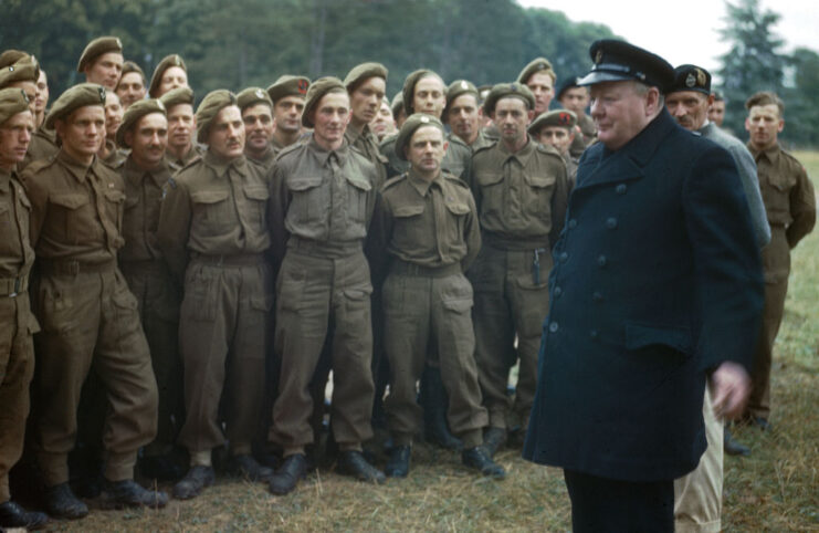 Winston Churchill and Bernard Montgomery standing in front of members of the 50th (Northumbrian) Infantry Division