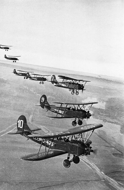 Seven Polikarpov U-2s in flight