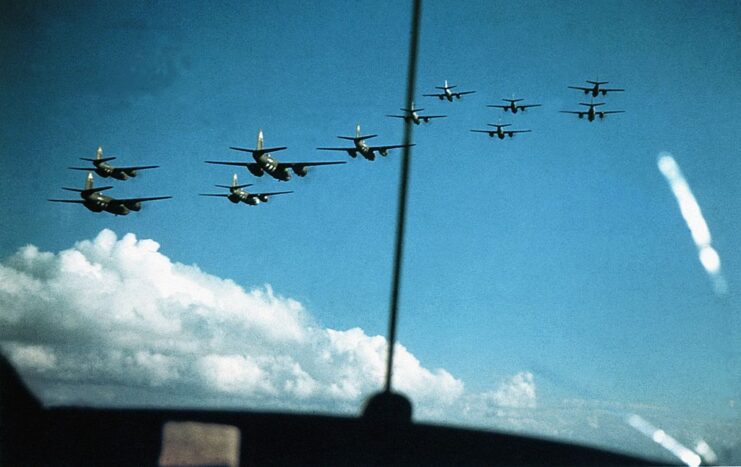 Eleven bomber aircraft in flight