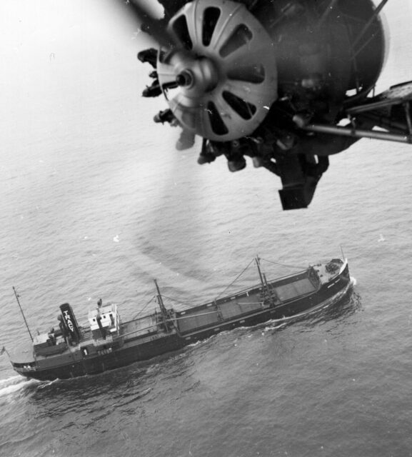 Overhead view of freighter at sea